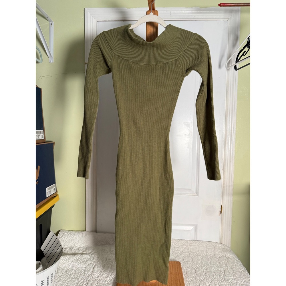 Fashion Nova Olive Green Ribbed Off The Shoulder Midi Bodycon Dress Small